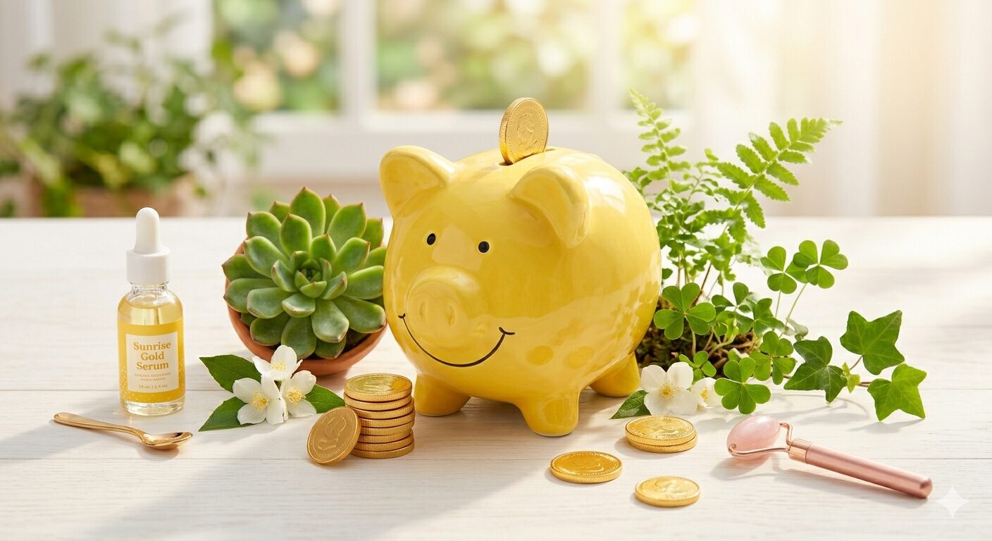 貯金箱と植物が育つ明るいイメージ