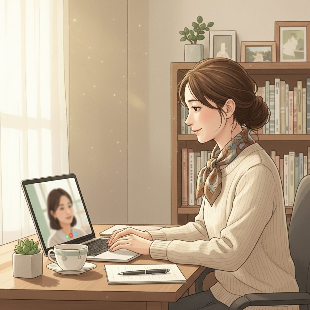 パソコンでオンライン面談をする30代女性