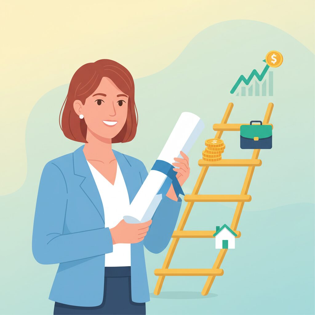 資格取得でキャリアアップする30代女性のイメージ画像