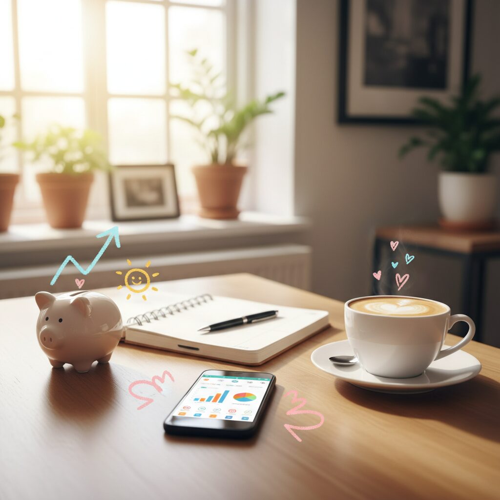 ノート、スマートフォン、カフェラテ、そして貯金箱が置かれた明るいデスクの風景。30代女性の賢い家計管理をイメージ。