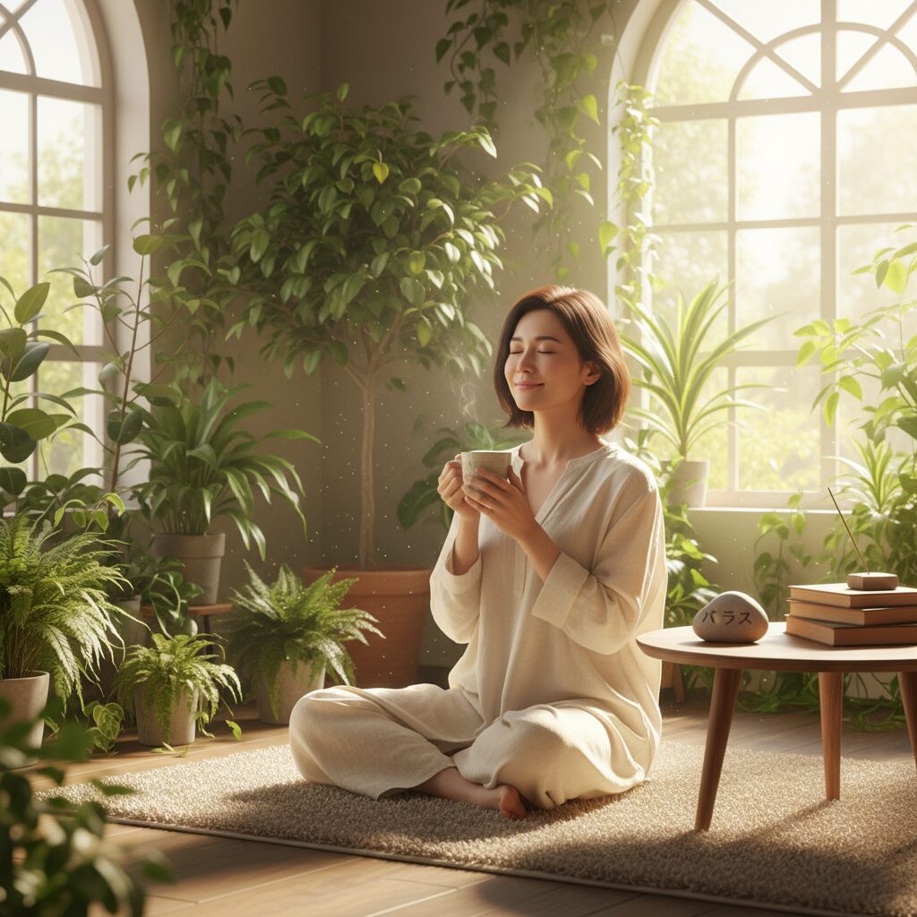 穏やかな表情でハーブティーを飲む30代女性と、柔らかな日差しが差し込む部屋のイメージ。