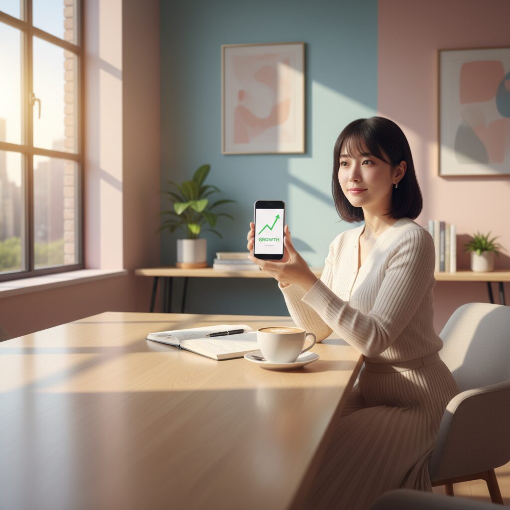 スマートフォンで資産運用のグラフをチェックしながら微笑む30代の日本人女性