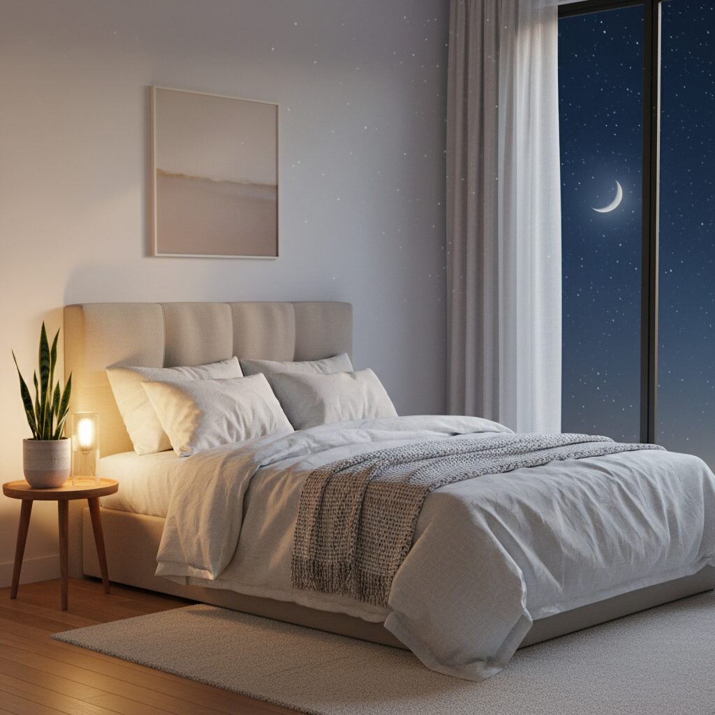 穏やかな夜の寝室で、心地よいベッドと柔らかな光が演出するリラックスした空間