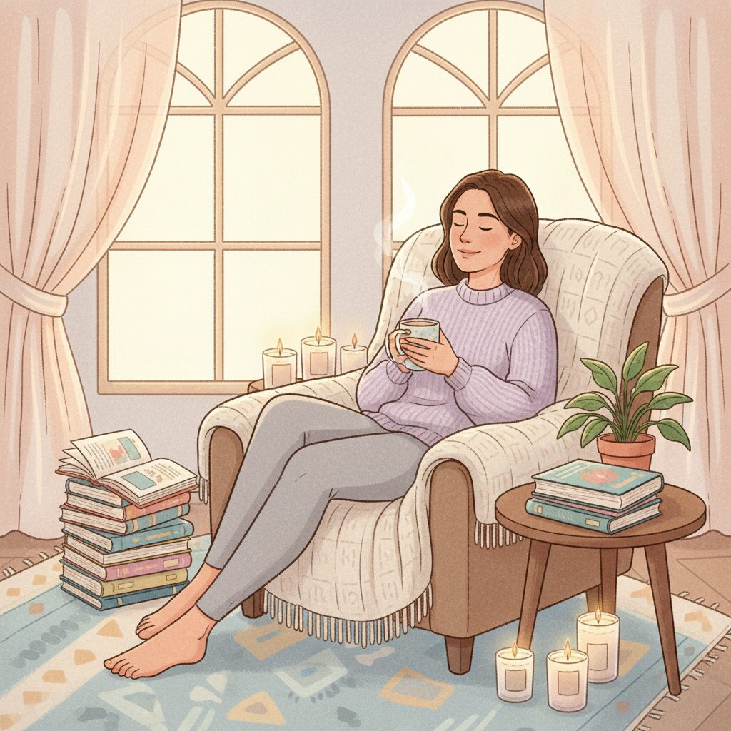 自室でリラックスする30代女性のイラスト