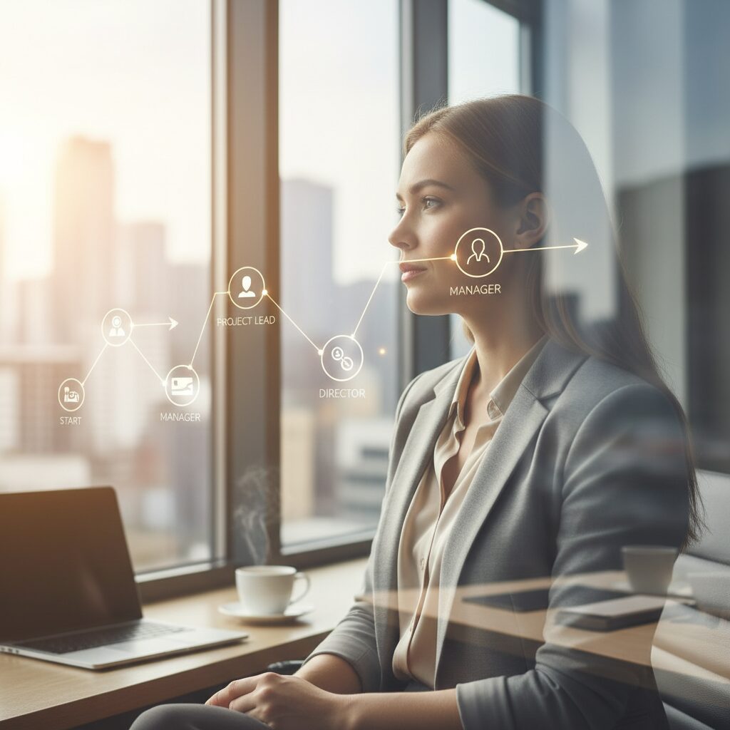 窓際で将来のキャリアについて考える30代女性の落ち着いた風景