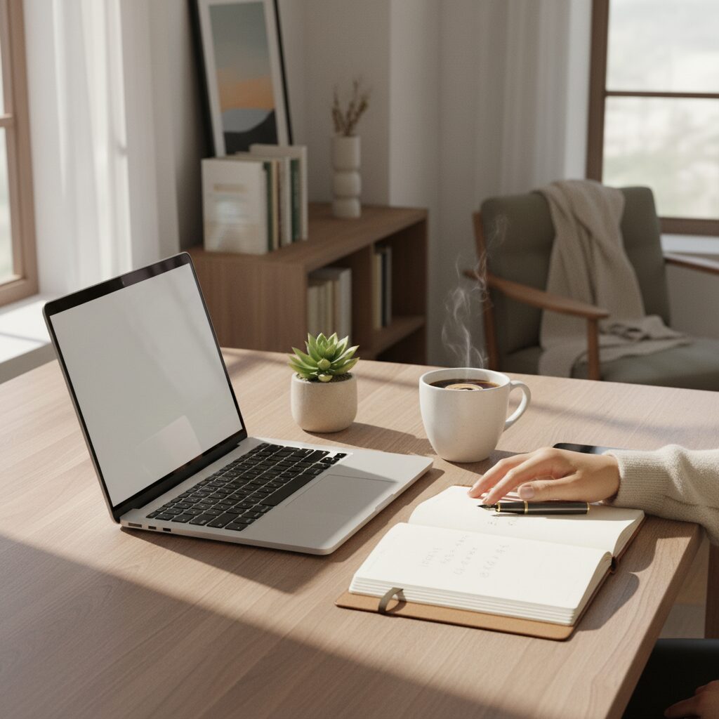 ノートパソコンとノートが置かれた明るいデスクで学ぶ30代女性のイメージ