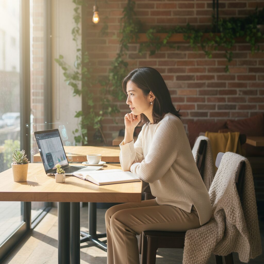 30代の女性がカフェでノートパソコンを前に、真剣な表情で自身のキャリアや未来について考えている様子。落ち着いた自然光が差し込む。
