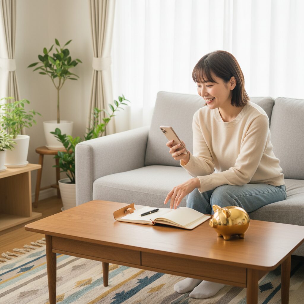 30代女性が明るいリビングで将来の計画を立てながら微笑む様子