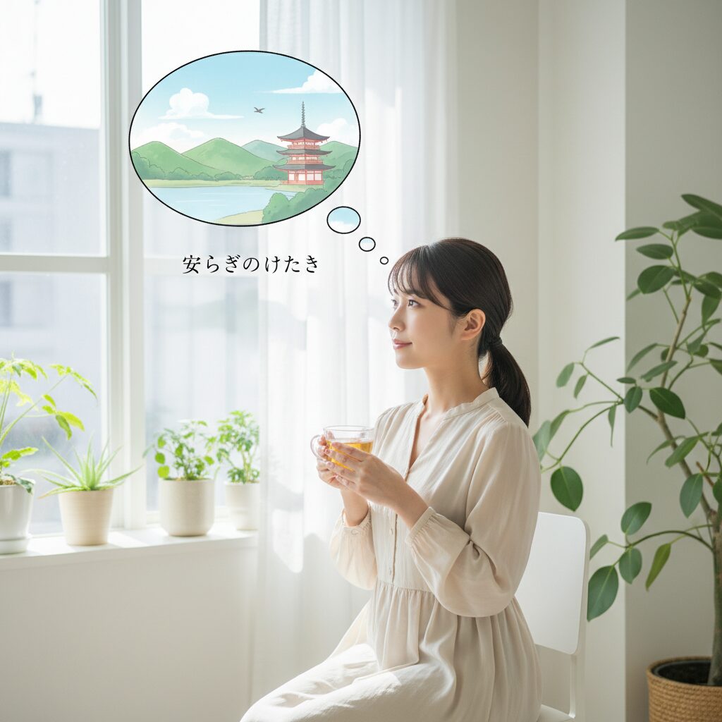 明るい部屋でリラックスする30代女性のライフスタイルイメージ