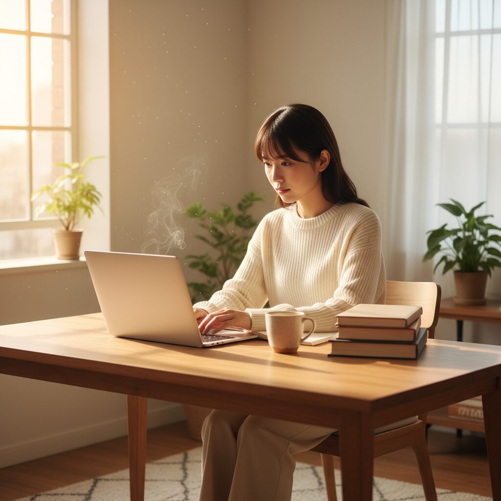 明るい部屋でパソコンを使って学習に励む30代の女性の姿