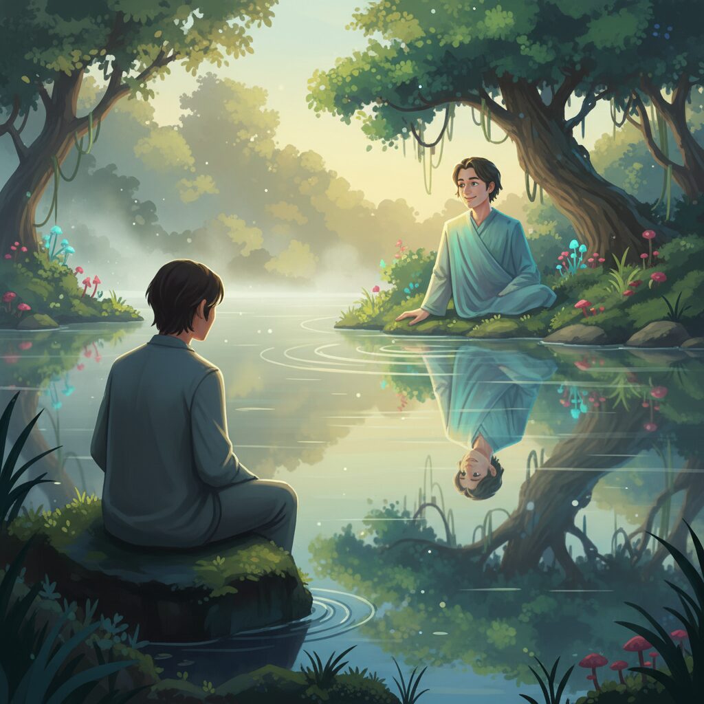 水面に映る自分を見つめ、内面を探求する穏やかな人物のイメージ