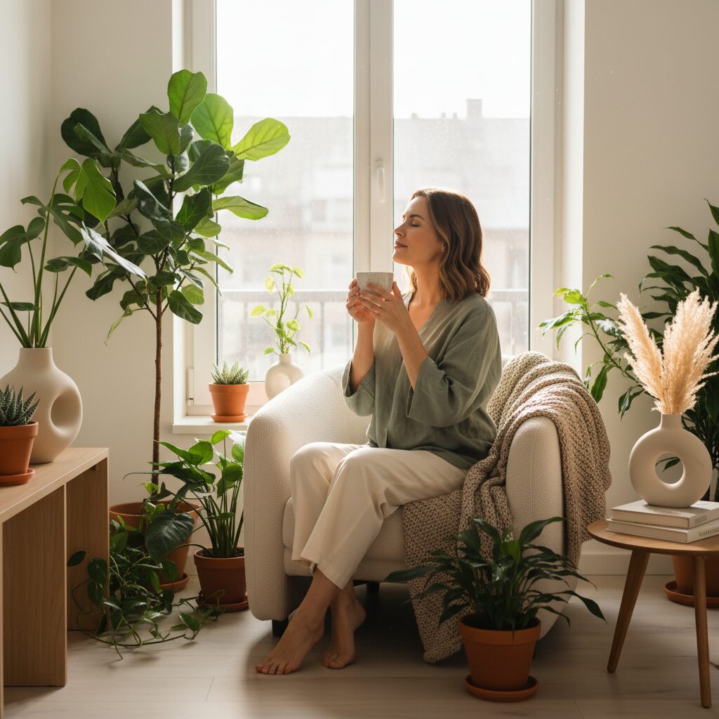 窓際でリラックスしながらハーブティーを飲む30代女性のイラスト。柔らかな光が差し込み、穏やかな雰囲気。