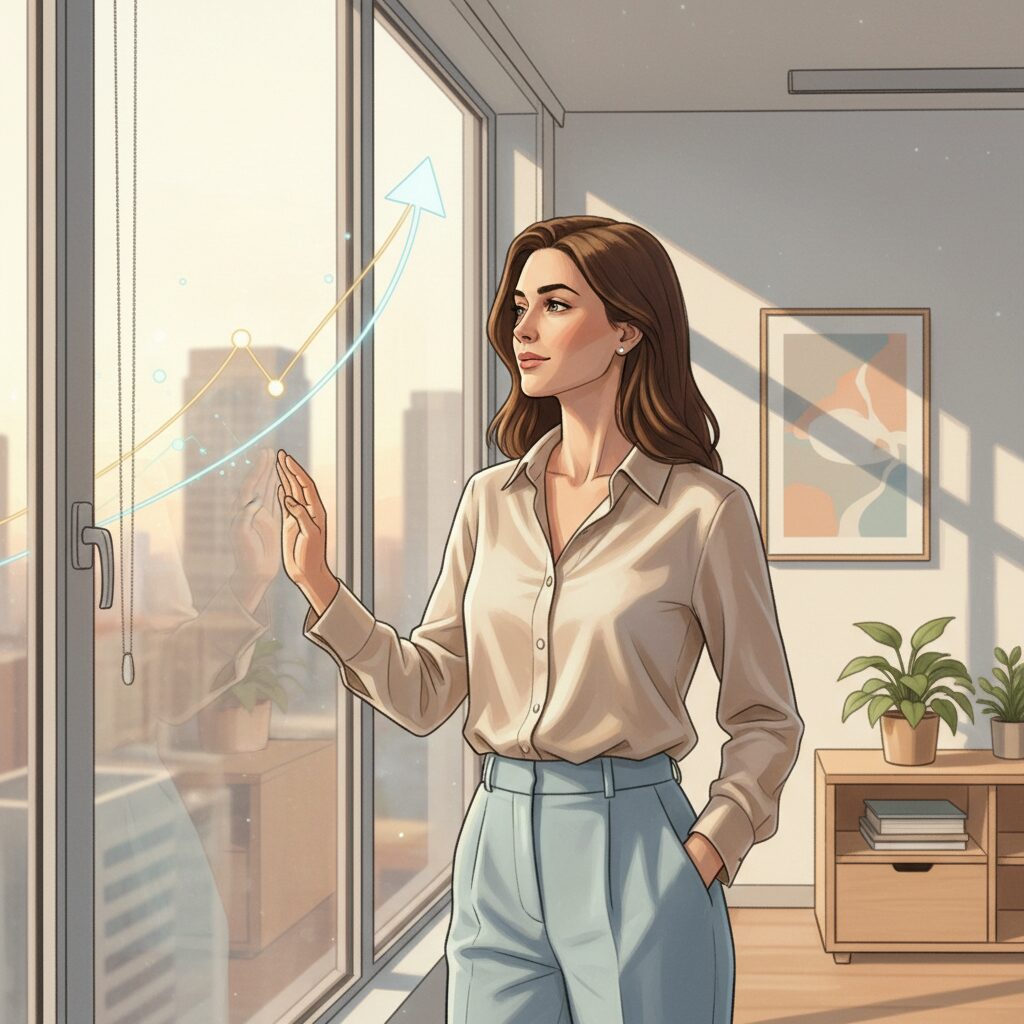 窓際で未来を見つめる30代のビジネス女性