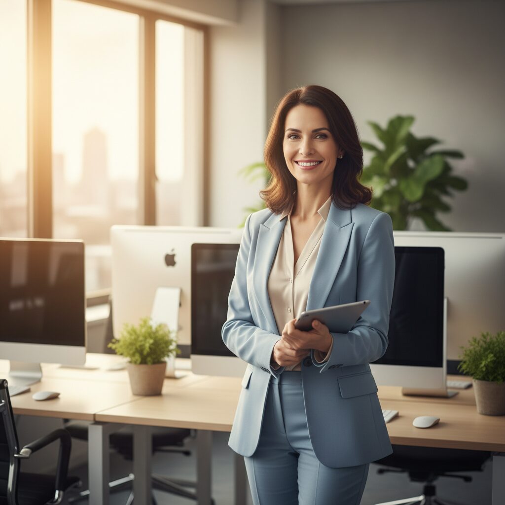 明るいオフィスで自信を持って微笑む30代のビジネス女性