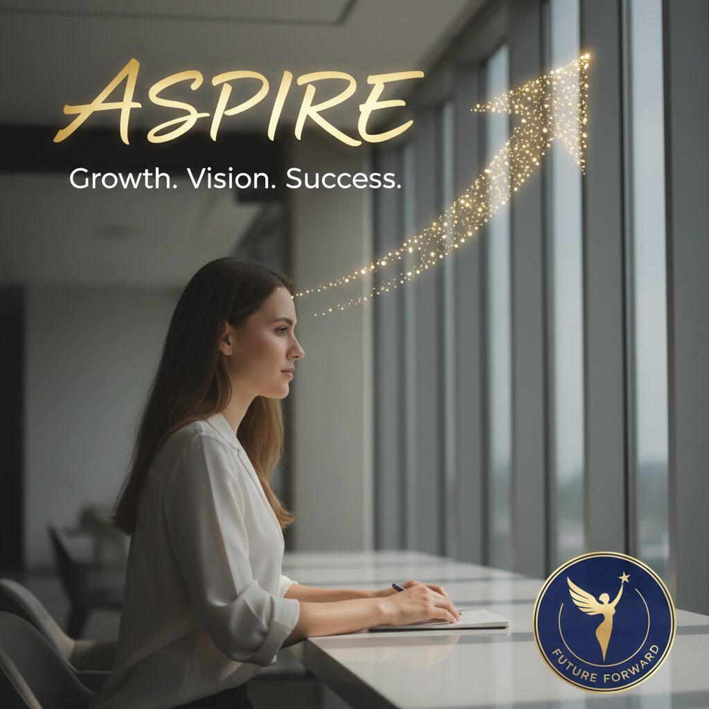 明るい部屋で未来を見据える30代女性と、成長を象徴する観葉植物やノート、パソコン。