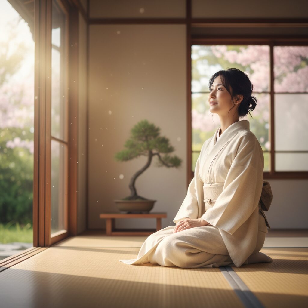 窓際で未来を見つめる30代女性の姿