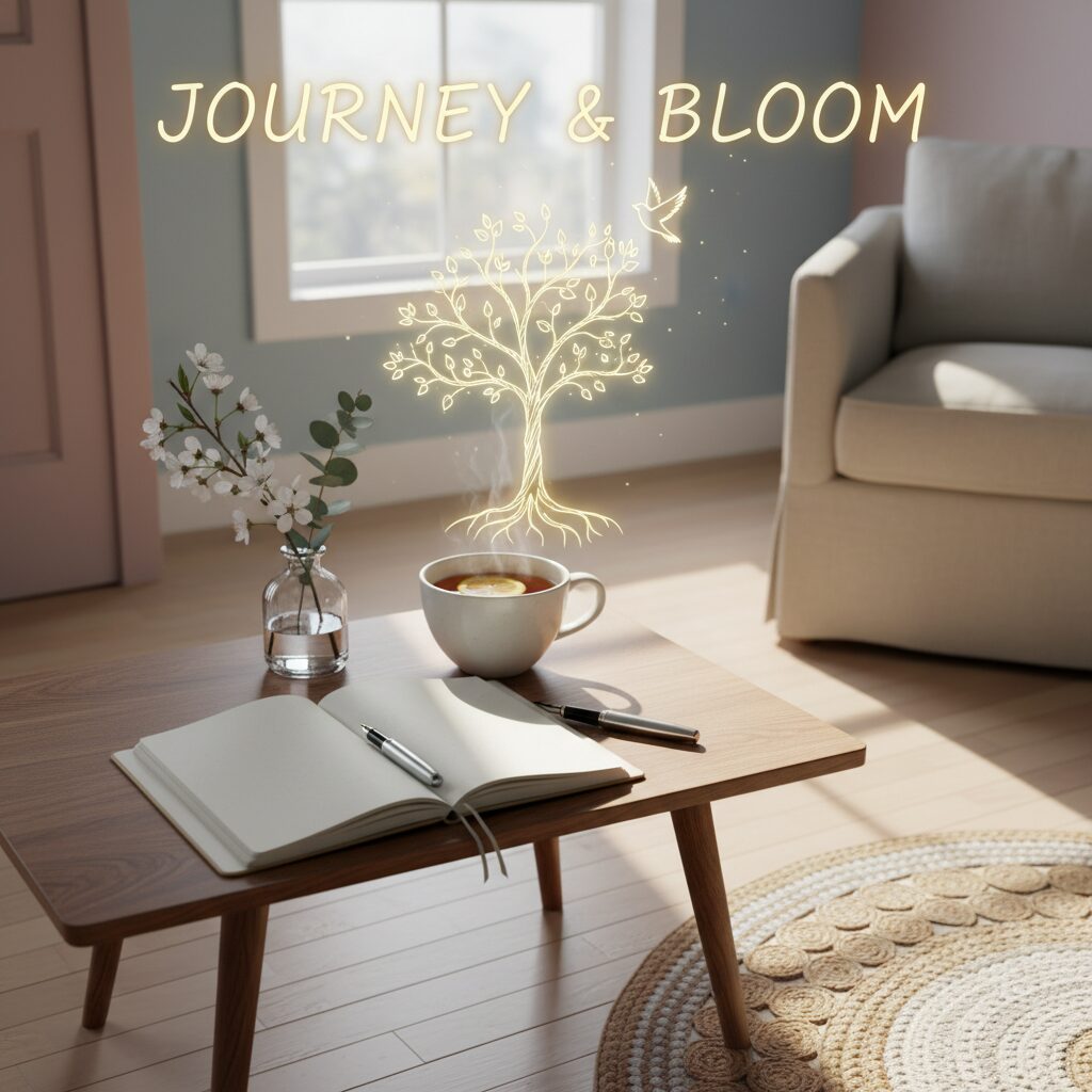 柔らかな光が差し込む部屋のデスクに、開いたノートと温かい紅茶、一輪挿しの花が置かれた落ち着いた風景。