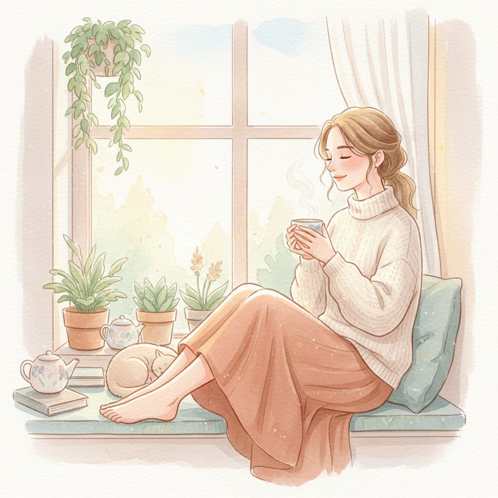 窓際でリラックスして自分を労わる30代女性のイラスト