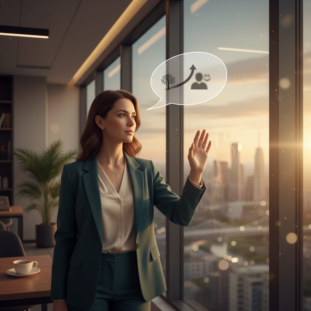 A woman looking at the sunset from a high-rise office window, symbolizing a calm reflection on her life and career design.