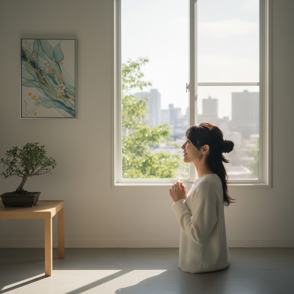 窓際で新しい未来を想い、晴れやかな表情を浮かべる30代女性のイメージ画像