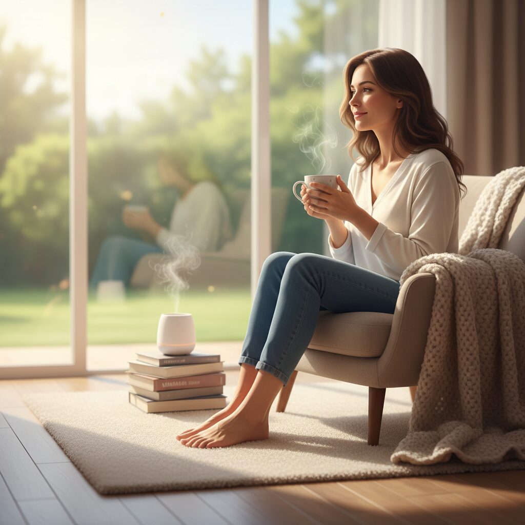 落ち着いた部屋でハーブティーを飲みながらリラックスする30代女性の姿