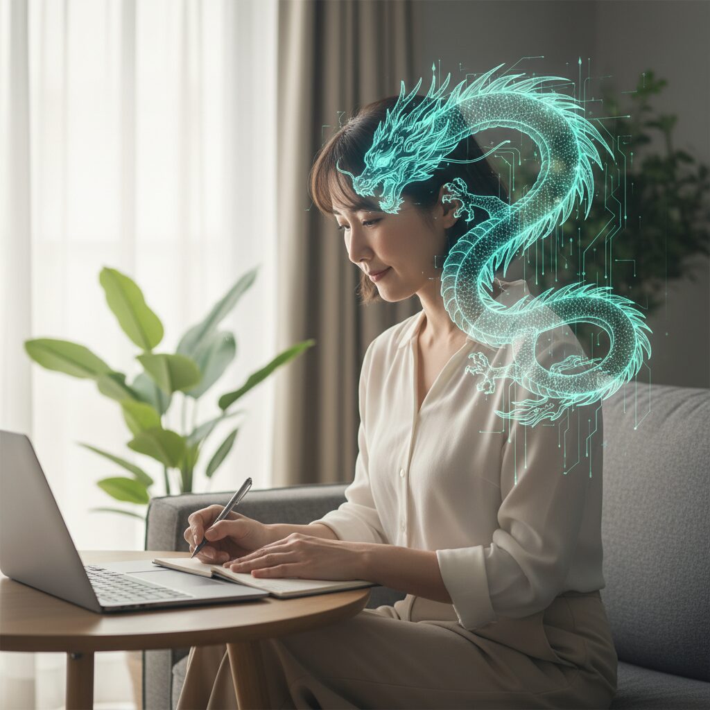 将来のお金についてノートを見ながら考える30代女性のイメージ