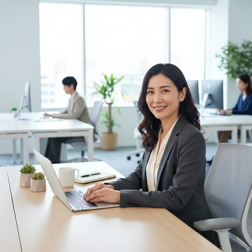 新しい職場で自信を持って働く30代女性