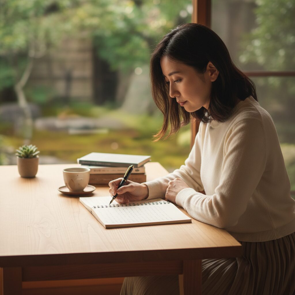 キャリアパスについてノートに書き込む30代女性