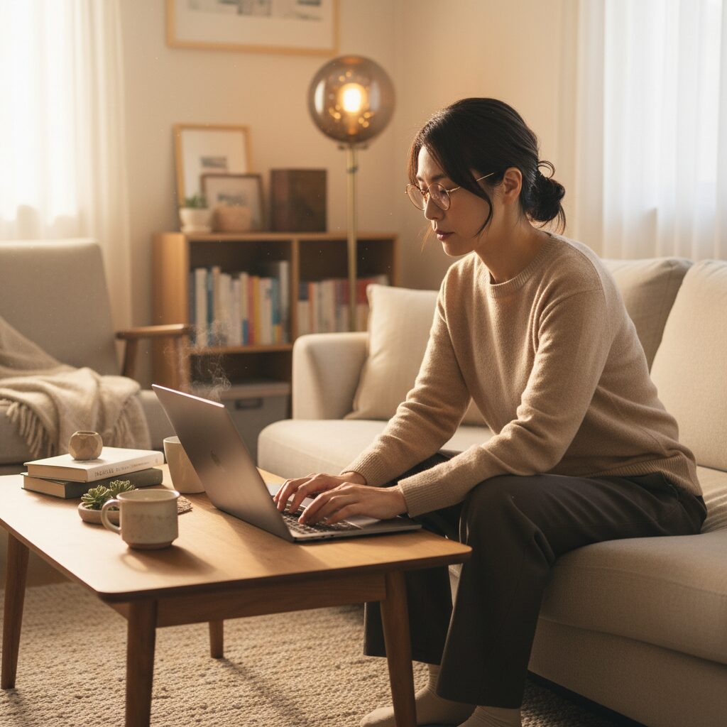 自宅で副業に取り組む30代女性