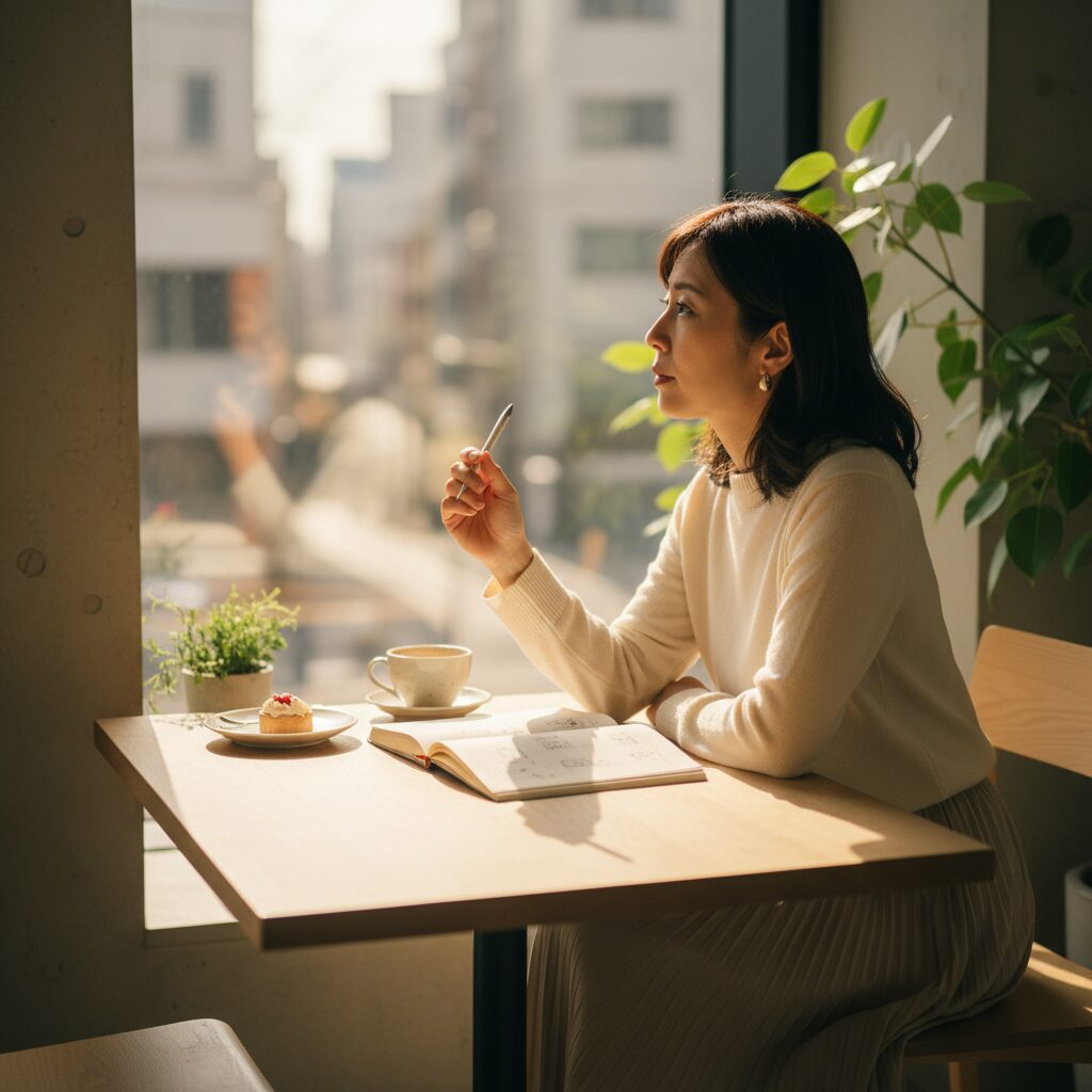 30代女性がカフェで働き方について考えている様子