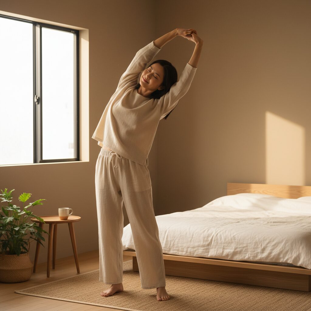 30代女性が朝の窓際でストレッチをしている様子