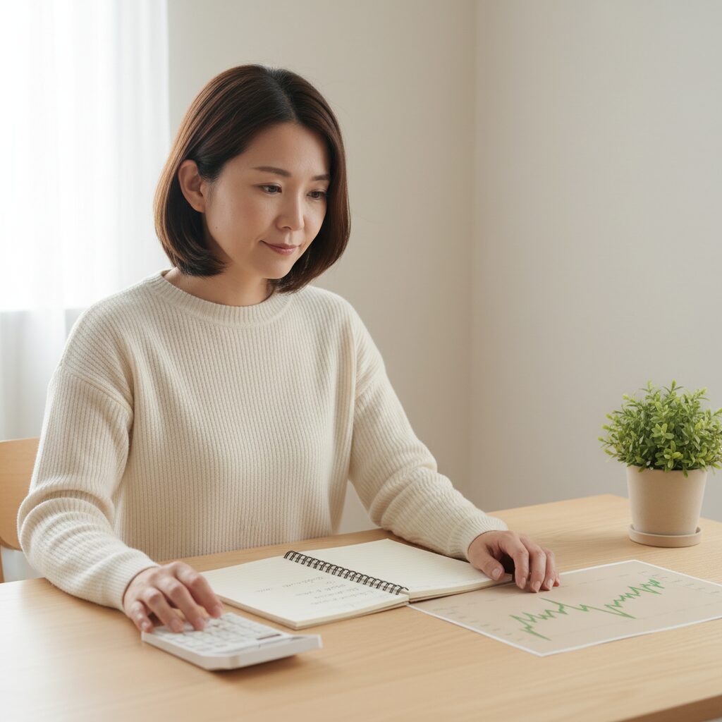 30代女性がノートと計算機で資産計画を立てている様子