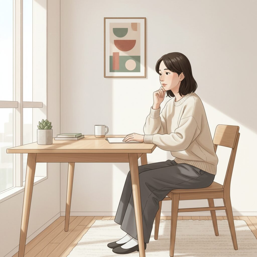 デスクで考え込む30代の女性