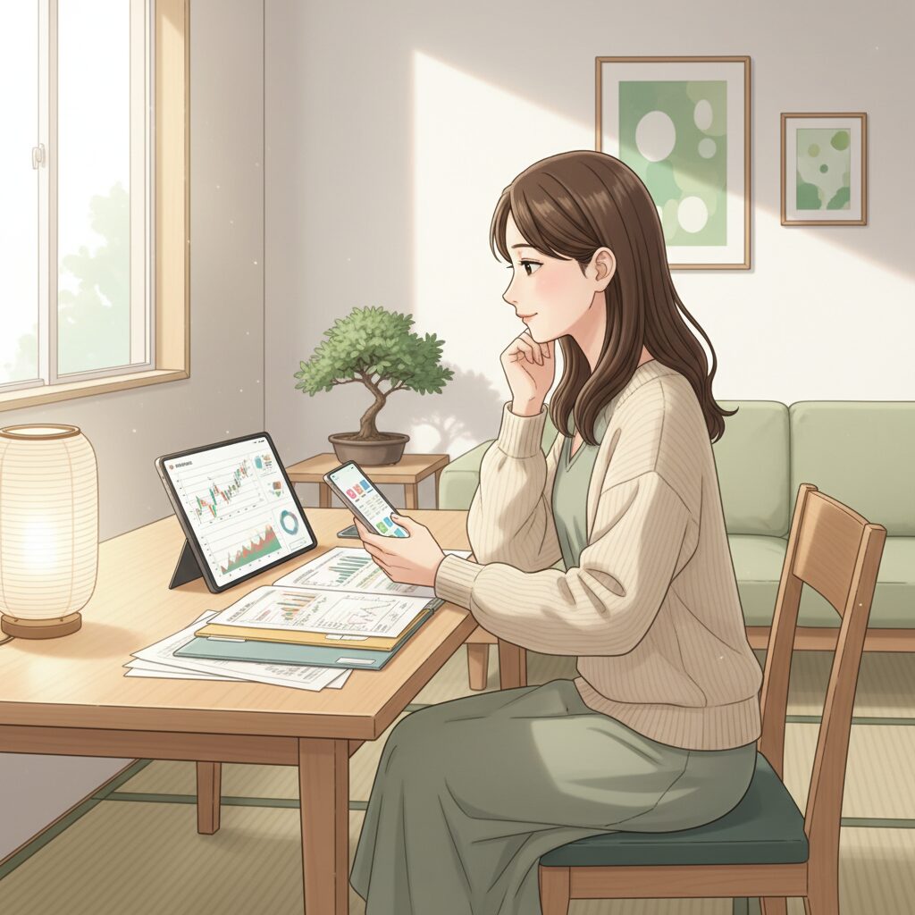 30代女性がスマートフォンと書類で資産形成の計画を立てている様子