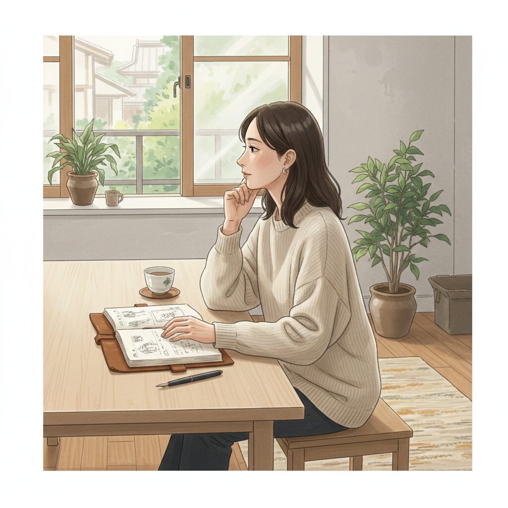 窓の外を見ながらノートを開いて考える30代女性
