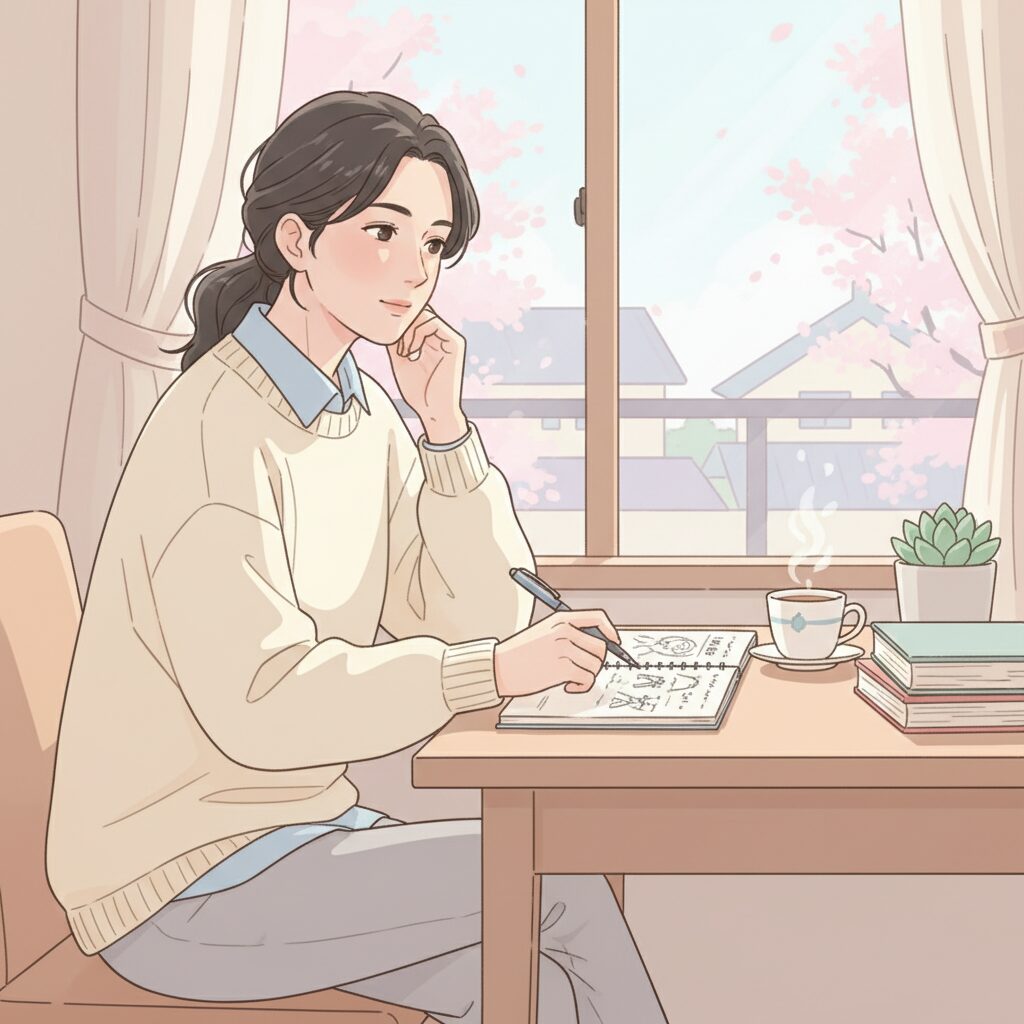 デスクでノートを見つめる30代女性のイラスト